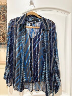 DKNY Blue and Black Silk Striped Sheer Blouse 10 and Tank Top L Set
